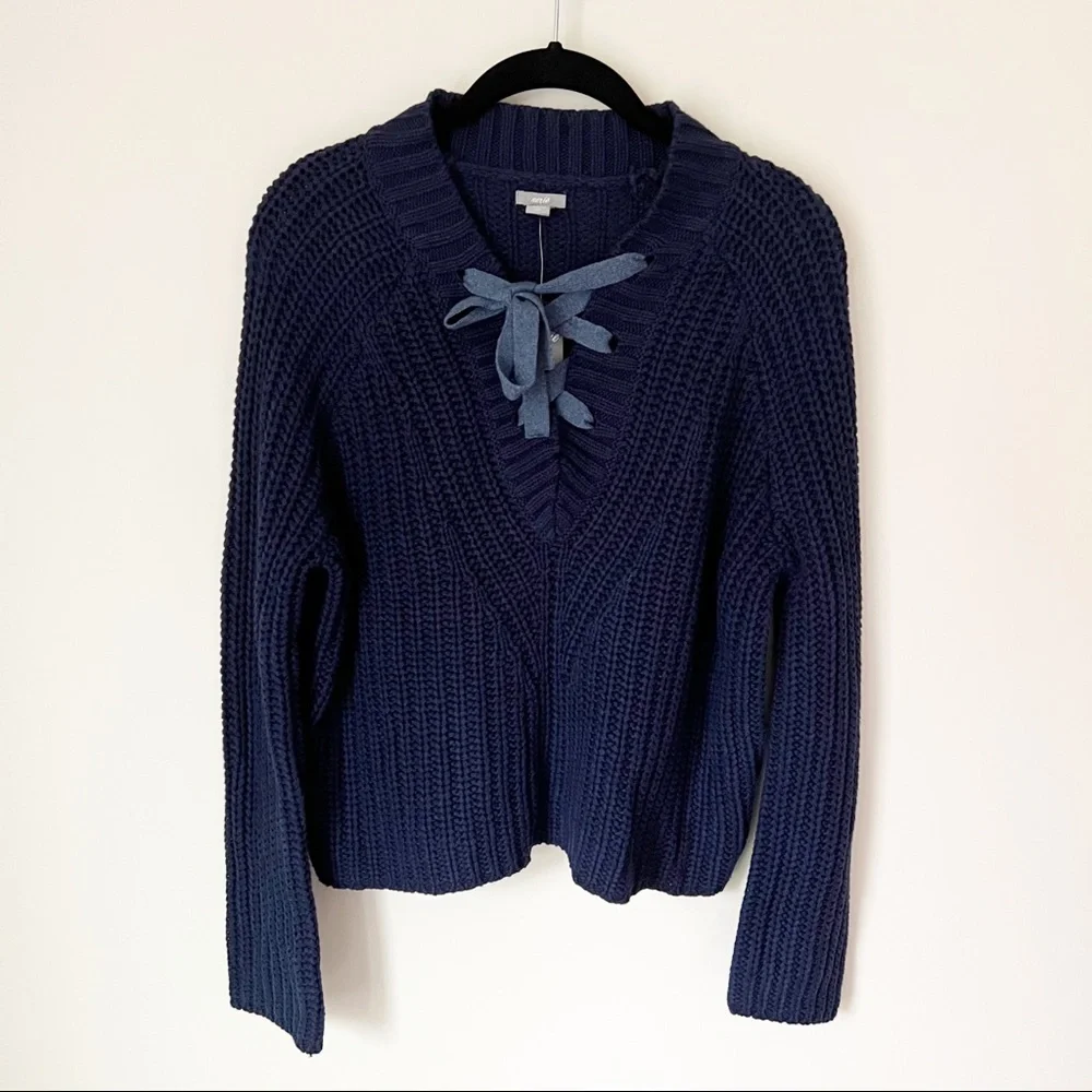 Aerie Chunky Lace Up Cable Knit Sweater Navy Blue XS NWT - Picture 1 of 7